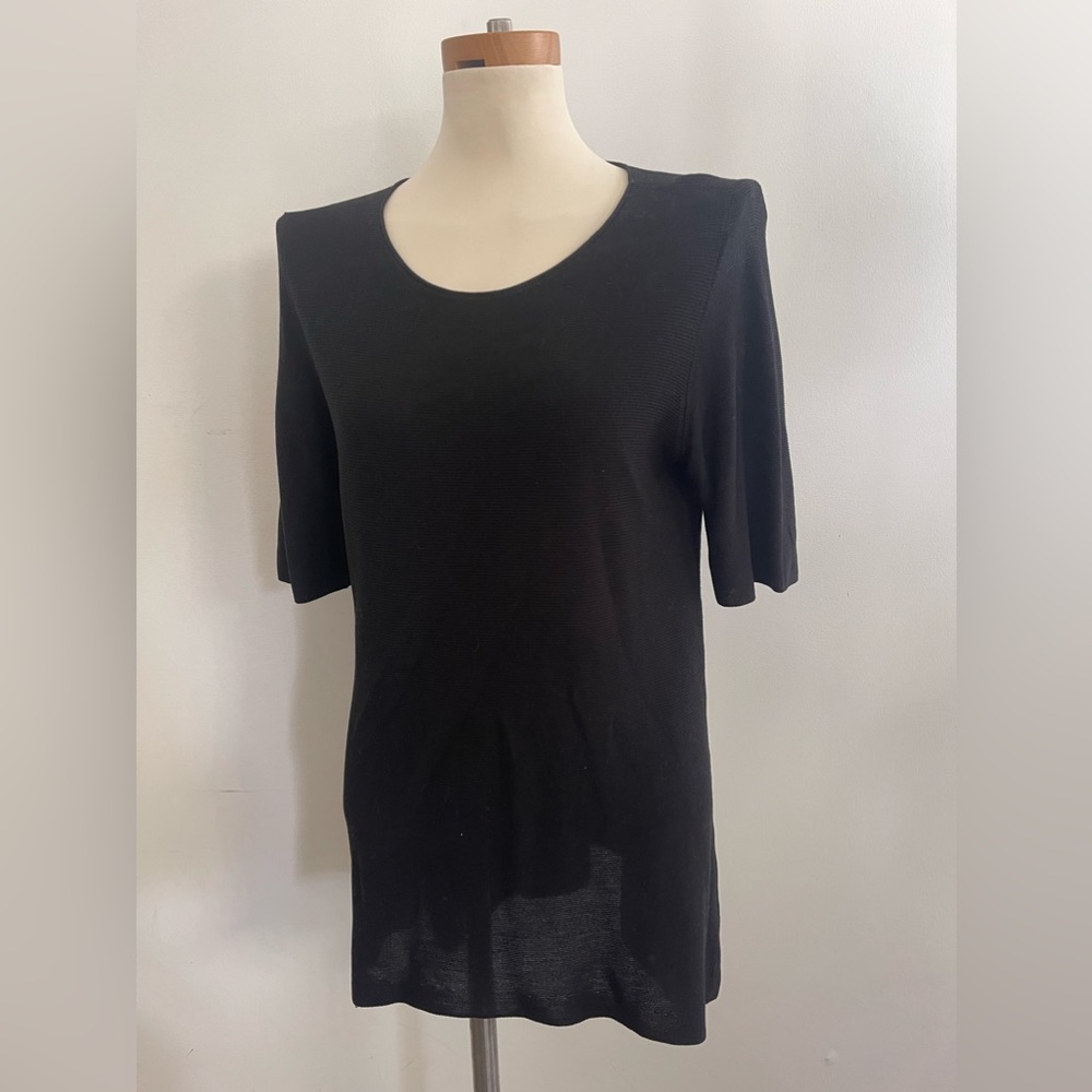 Eileen Fisher Black Tencel Sweater Tunic Top Short Sleeve Hi Low Hem Stretch M